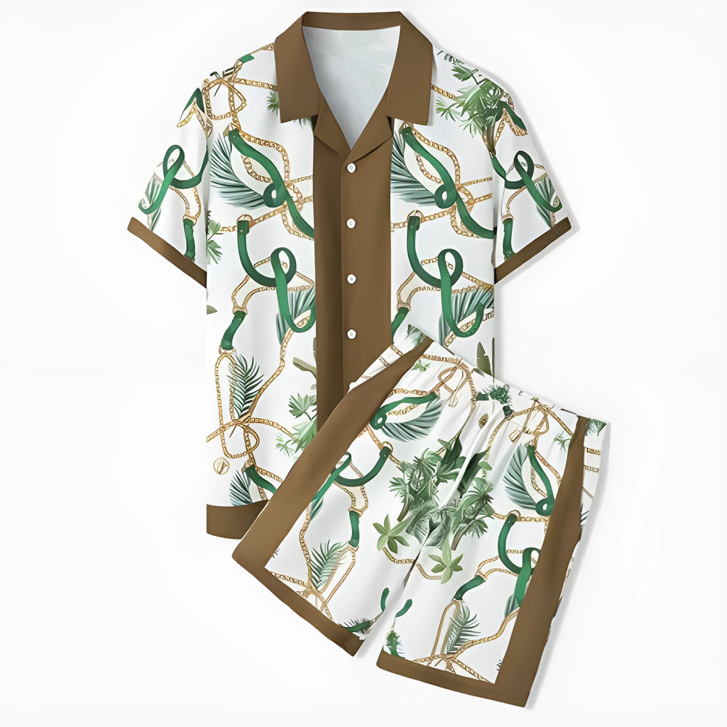 Plaid print beach outfit with short sleeve shirt and matching trousers on a mannequin