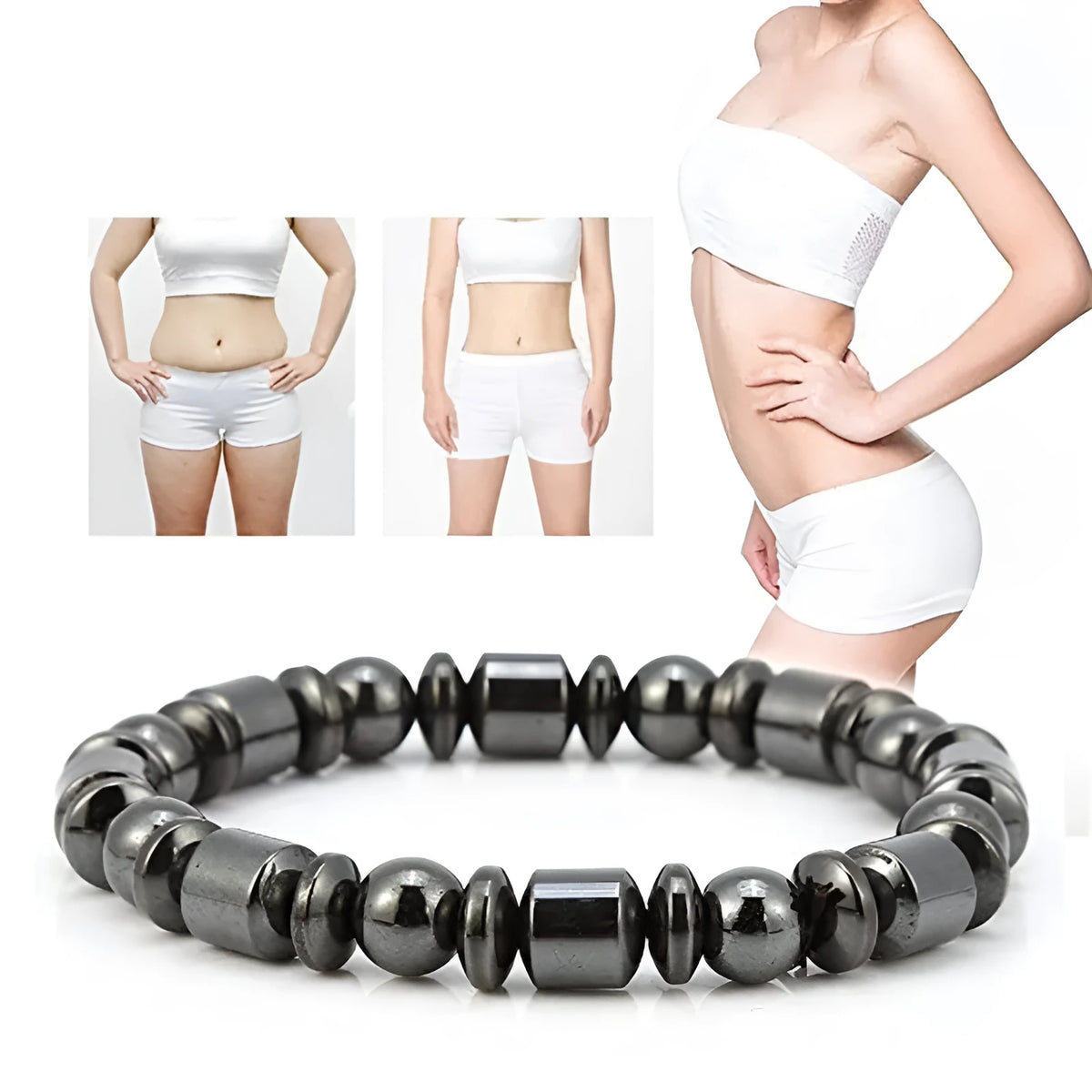 Black magnetic therapy bracelet with a pentagram stone design made from magnetite and hematite.