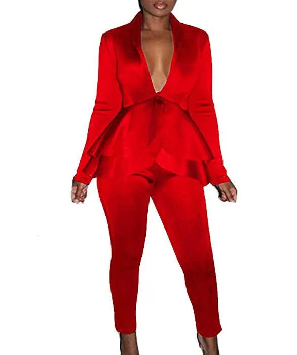 Two-piece polyester business uniform set with ruffled shirt and pencil pants