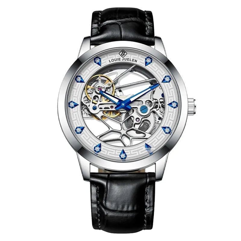 Men's silver case mechanical watch with white surface, blue hands, and black genuine leather strap