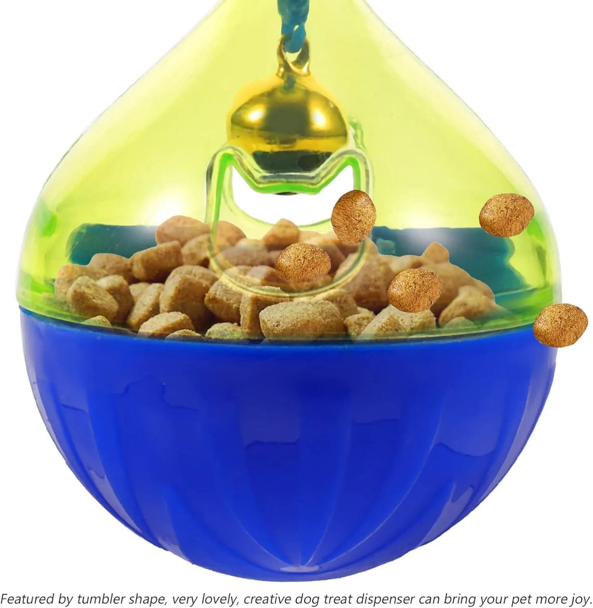 Interactive pet treat tumbler dispenser toy for dogs and cats measuring 14x10x10cm