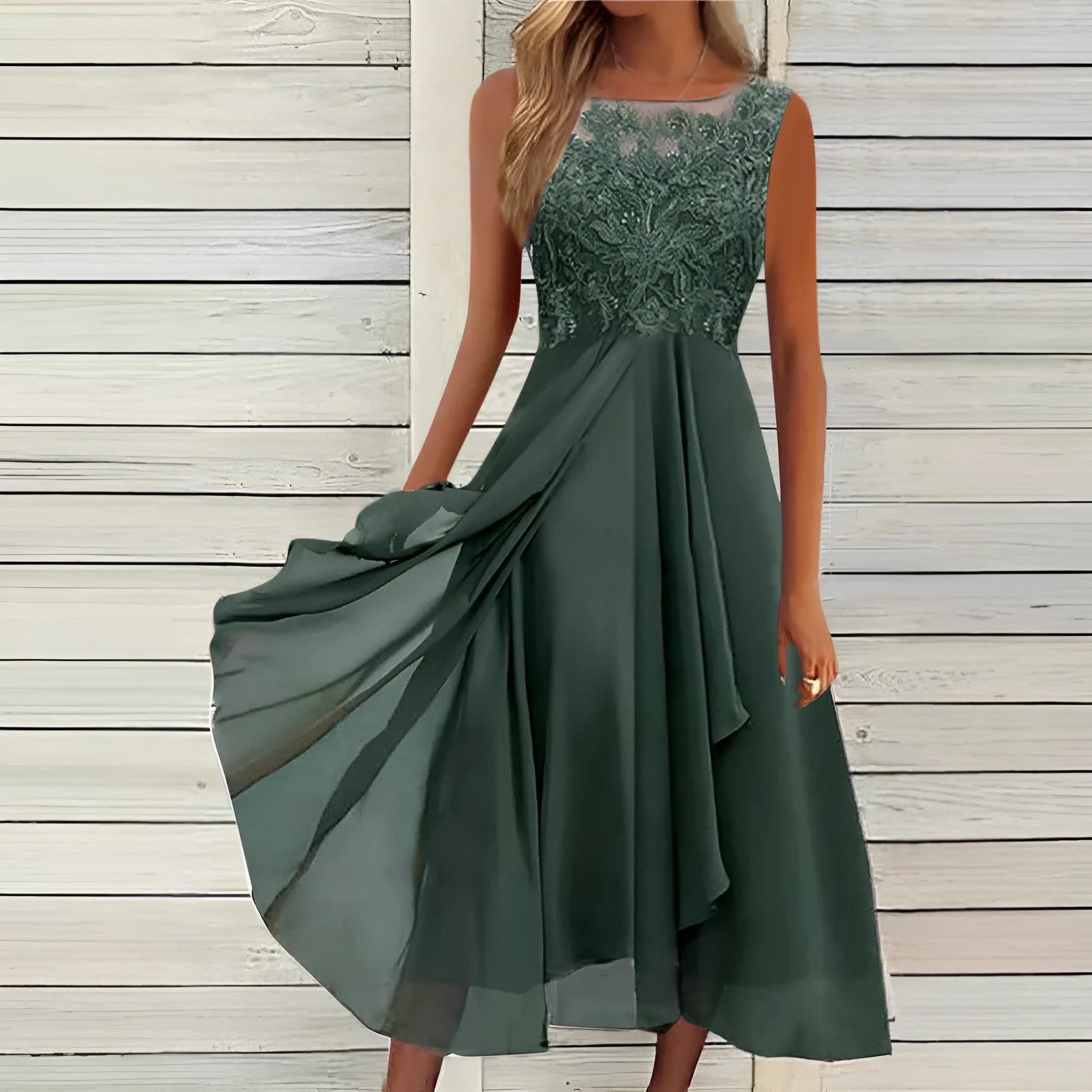 Women's sleeveless chiffon dress with lace hollow-out detailing in princess style