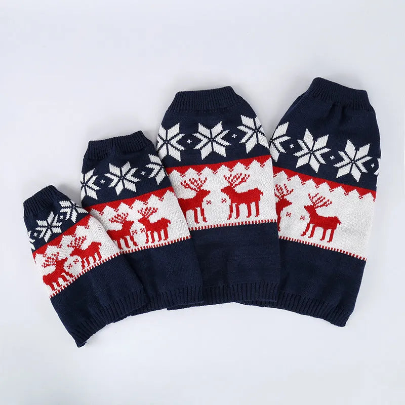 Navy blue knitted dog sweater with Christmas styling on canine model