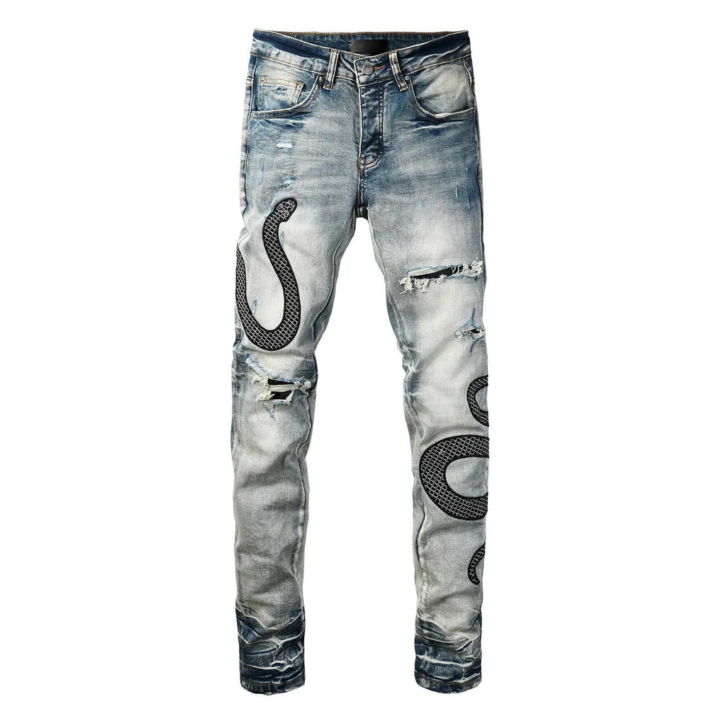 8934Blue distressed wash skinny jeans with micro elasticity and button fly opening