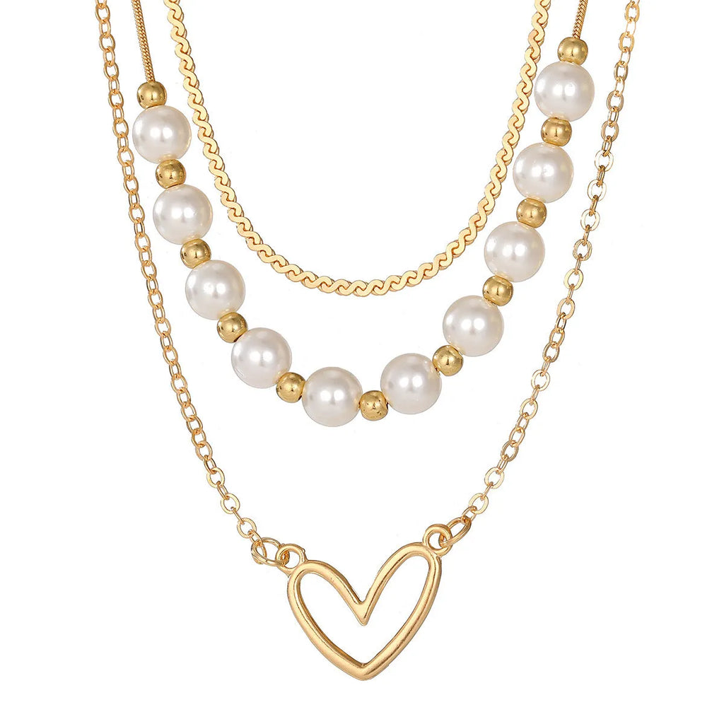 Vintage gold electroplated heart pendant necklace with adjustable pearl chain