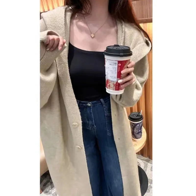 Women's Korean style hooded long knitted cardigan below knee length loose fit