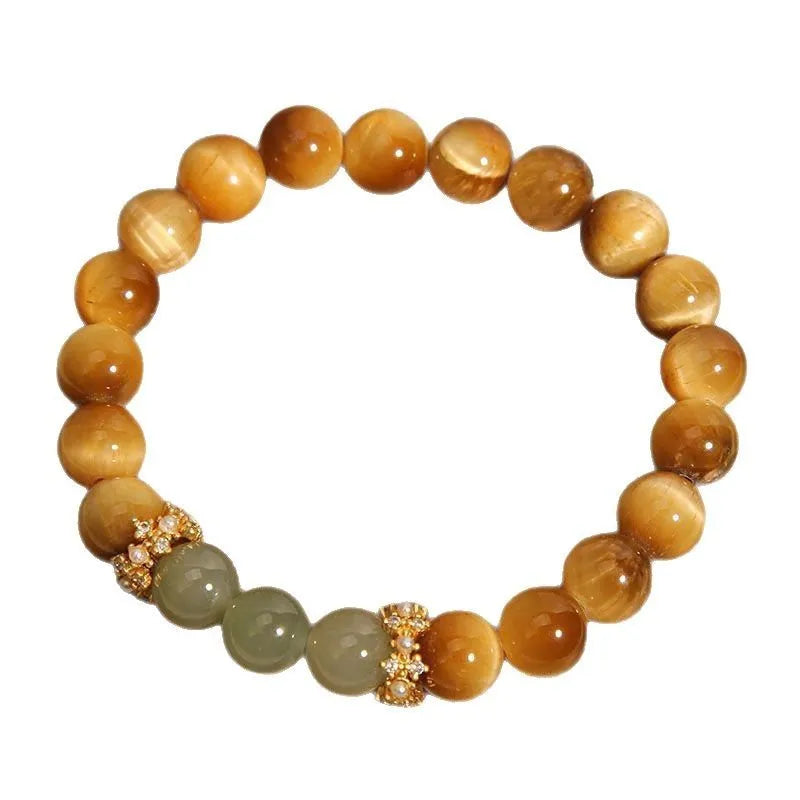 Natural yellow Tiger's Eye stone bracelet with Hetian jade accents in simple design