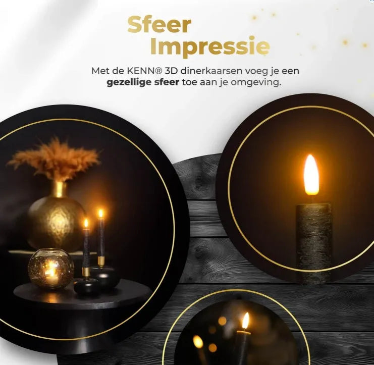 Black S2 3D Flame LED taper candle showing realistic flickering light effect.