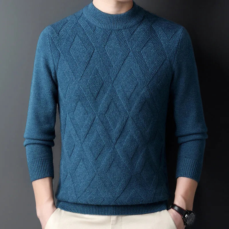 Men's diamond jacquard winter thermal sweater in wool blend fabric shown in light camel colour
