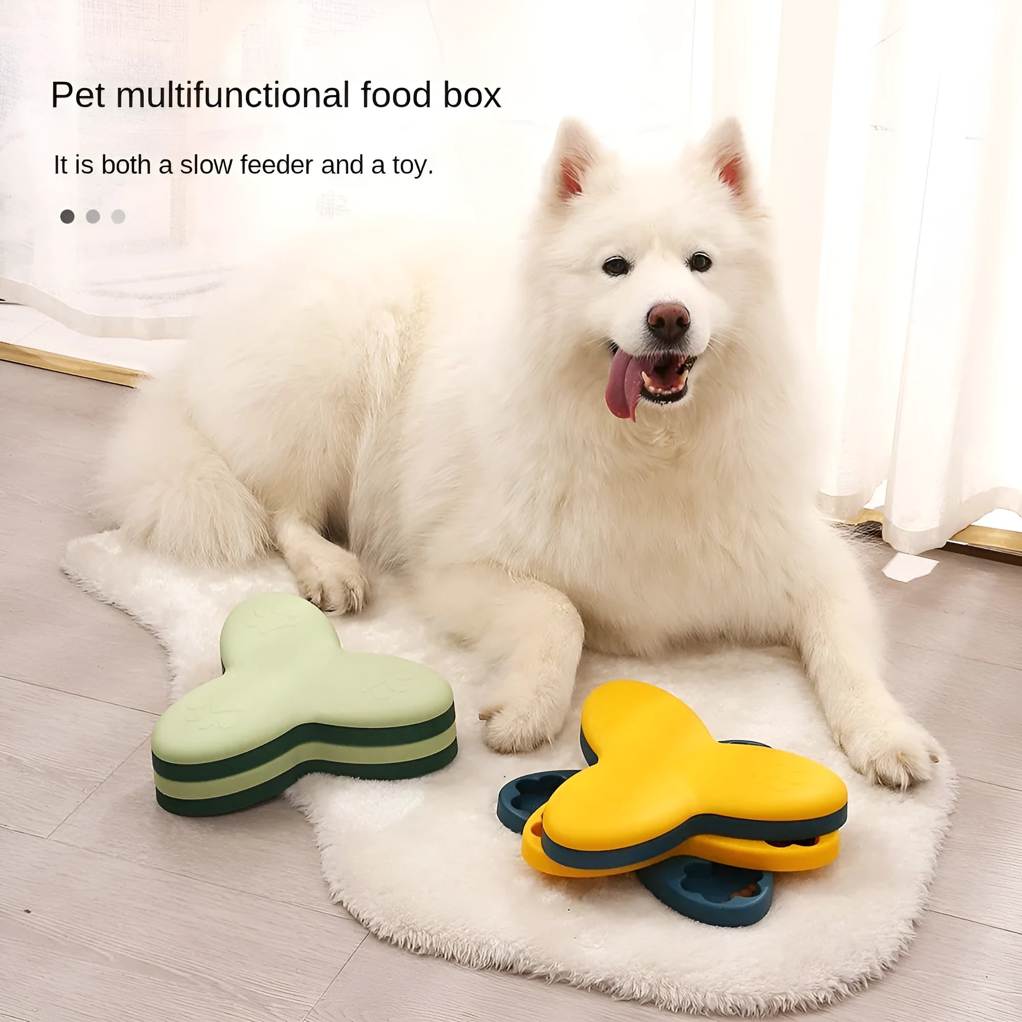 Green and yellow dog puzzle toy with rotatable compartments and bone-shaped covers