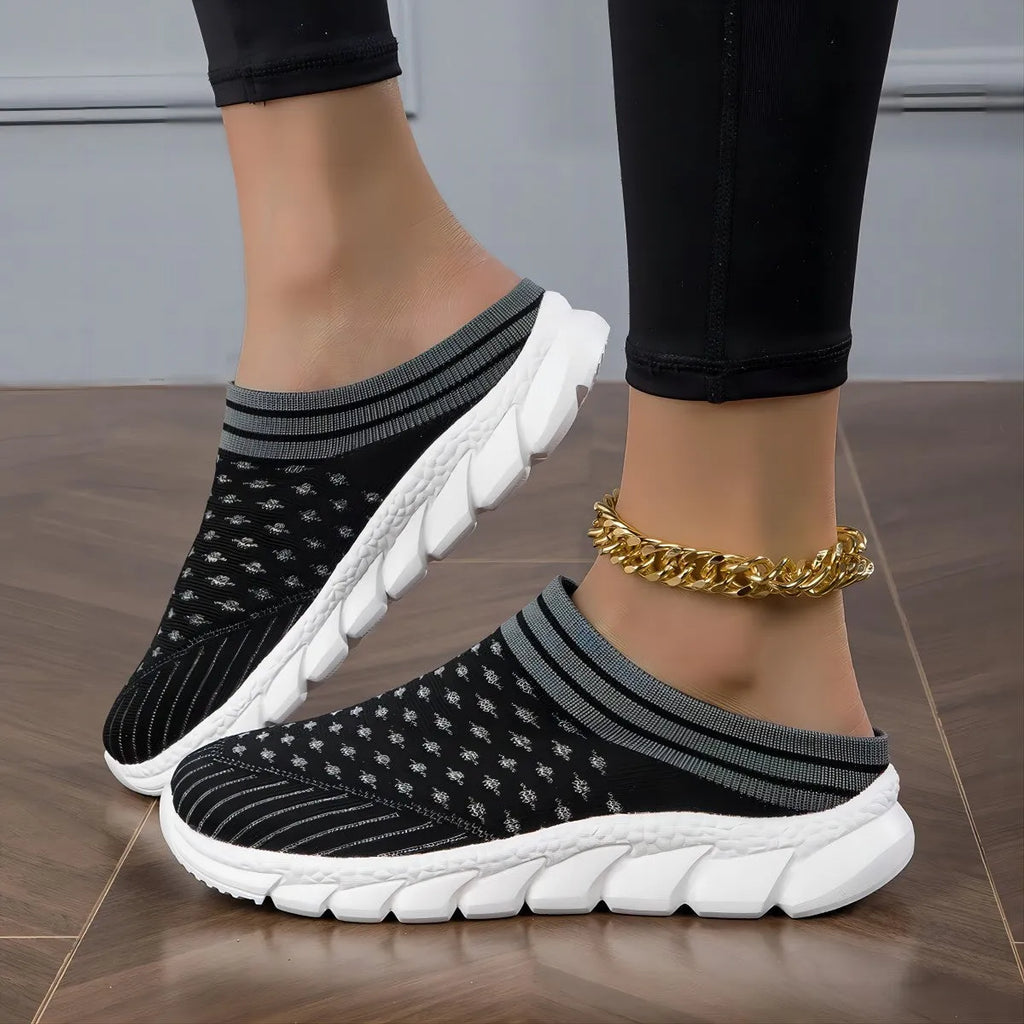 Women's striped Flyknit slipper shoes with hollowed-out design in black, pink, and purple colour options
