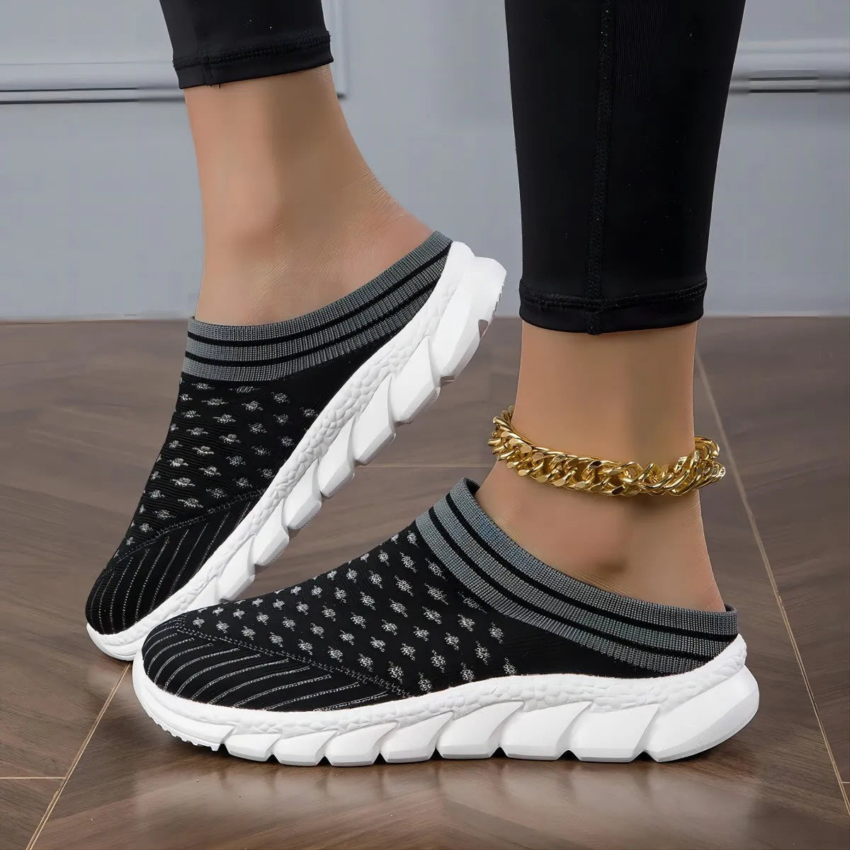 Women's striped Flyknit slipper shoes with hollowed-out design in black, pink, and purple colour options
