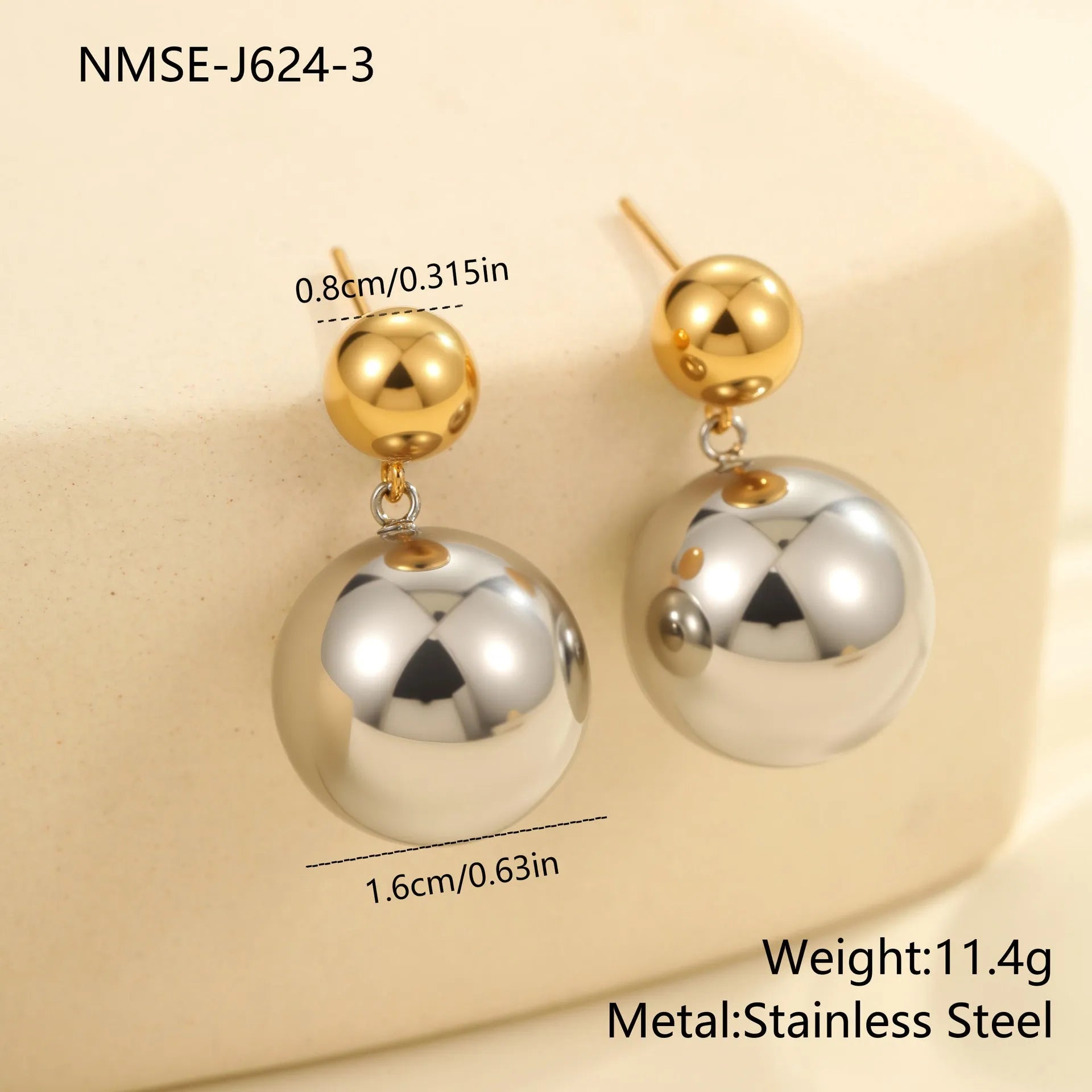 Stainless steel geometric ear studs with colour-block round beads and electroplated finish