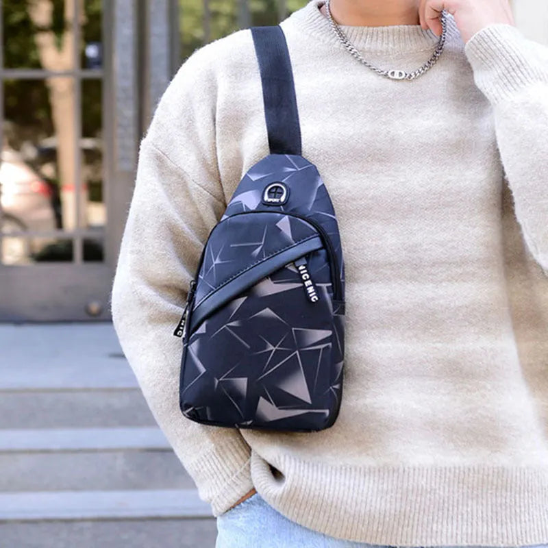 Men's crossbody sling bag with earphone hole in Oxford cloth with zip pockets
