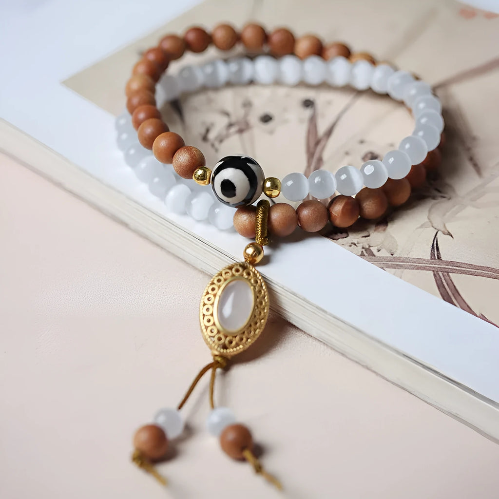 Sandalwood opal double ring bracelet with polished Tibetan beads and retro styling
