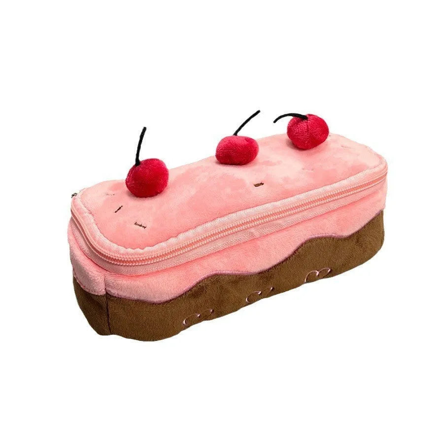 Cherry Cake coloured velvet pencil bag with Korean style design for pen storage