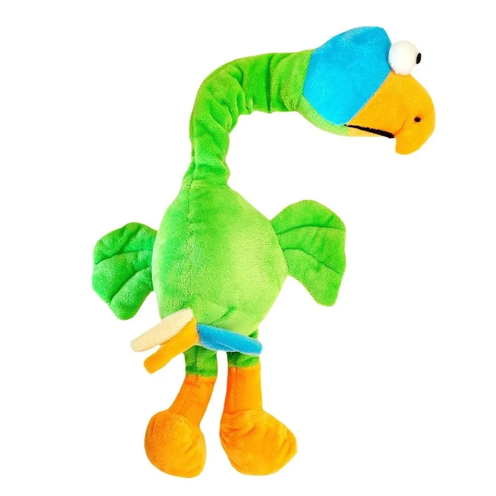 Squeaky chicken-shaped dog toy in black, green, and orange colours.
