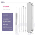 Four metal acne needles with ultra fine points stored in a black plastic clip.