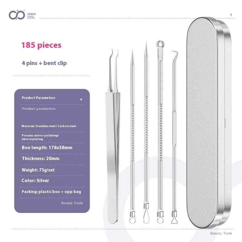 Four metal acne needles with ultra fine points stored in a black plastic clip.