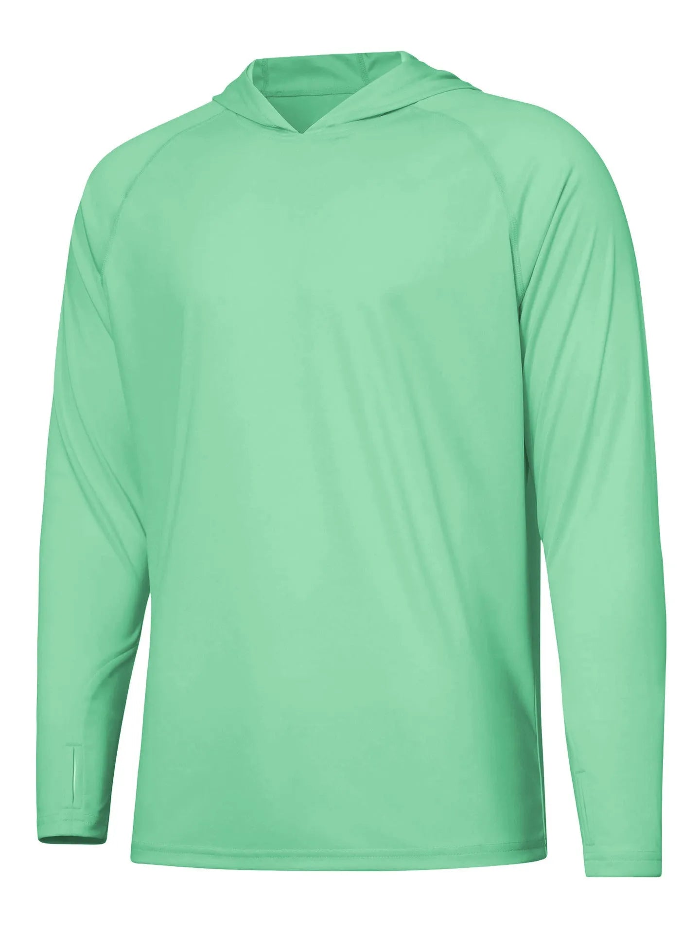 Man wearing a thin grey long sleeve hooded outdoor top for UV protection during fishing or hiking.