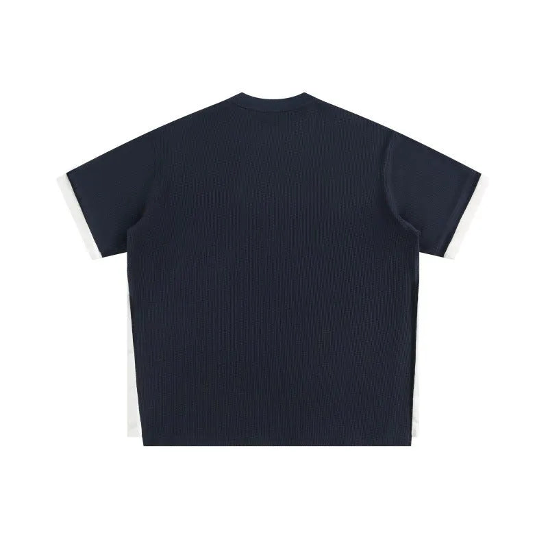 Men's navy blue waffle knit t-shirt with retro alphabet embroidery and loose fit casual design