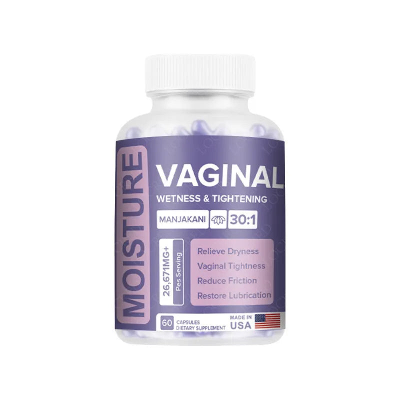 60-capsule vaginal health supplement bottle with plant-extracted gel capsules for adult women