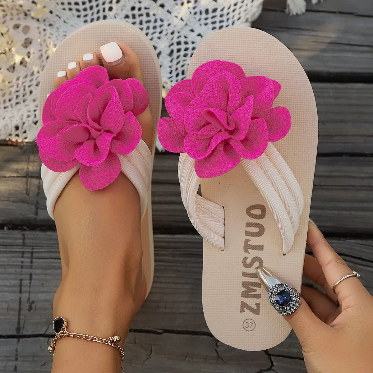 Women's plus size PU slippers in beige, green, and rose red colours showing flip flop design