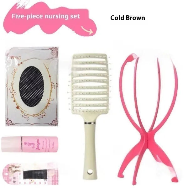 Full-head forehead lace wig in straight mid-length style with styling accessories on white background.