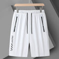 Men's black loose-fit nylon sports shorts with elastic waistband on a hanger