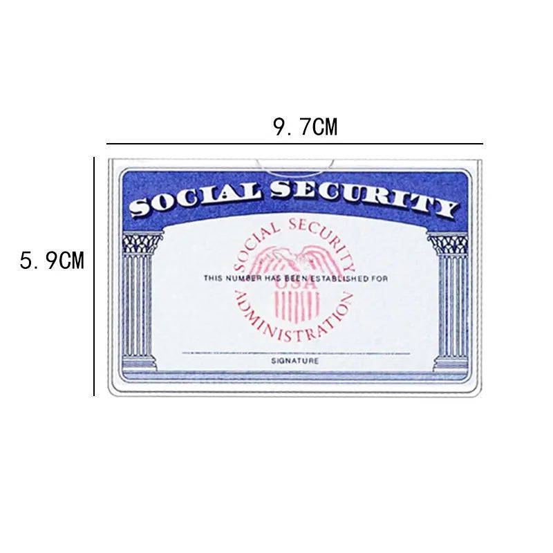 Transparent PVC social security card holder wallet, showing dimensions of 9.7 by 5.9 centimetres.
