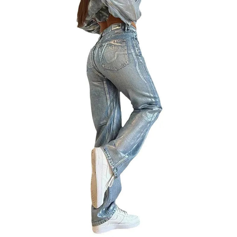 Washed blue high waist straight leg jeans with contrast colour street hipster styling