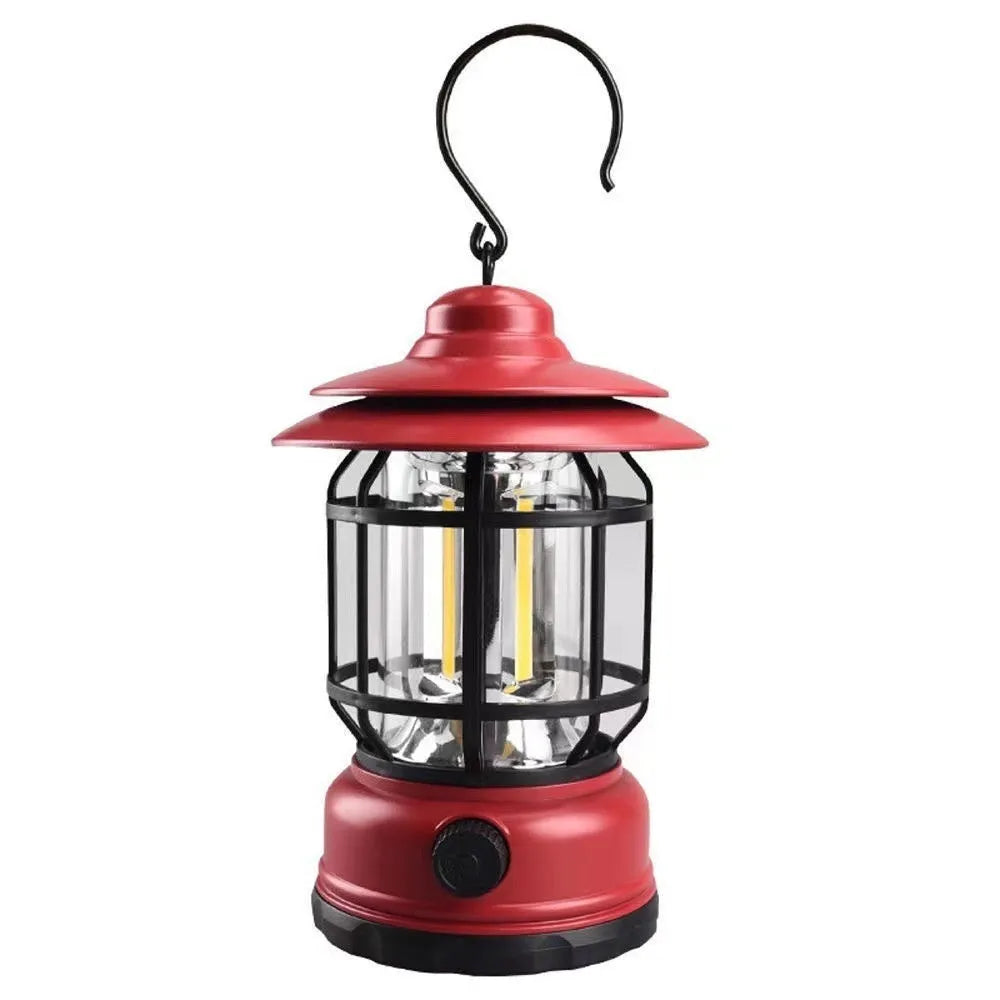 Portable camping lantern in dark green, black, or red colours showing compact 16.6cm size with battery or rechargeable power options