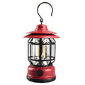 Portable camping lantern in dark green, black, or red colours showing compact 16.6cm size with battery or rechargeable power options