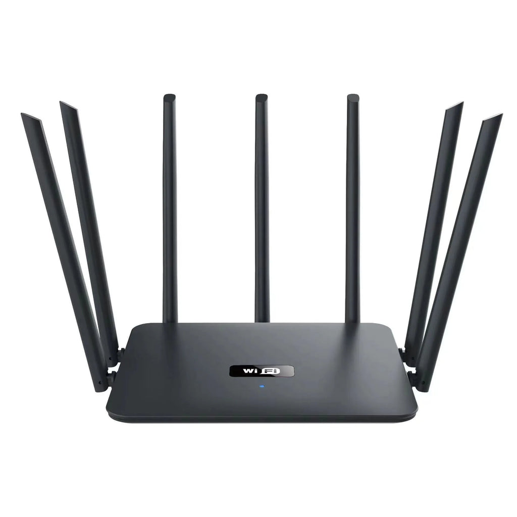 Black and white dual-band 5G Gigabit router for home WiFi with multiple antenna options.