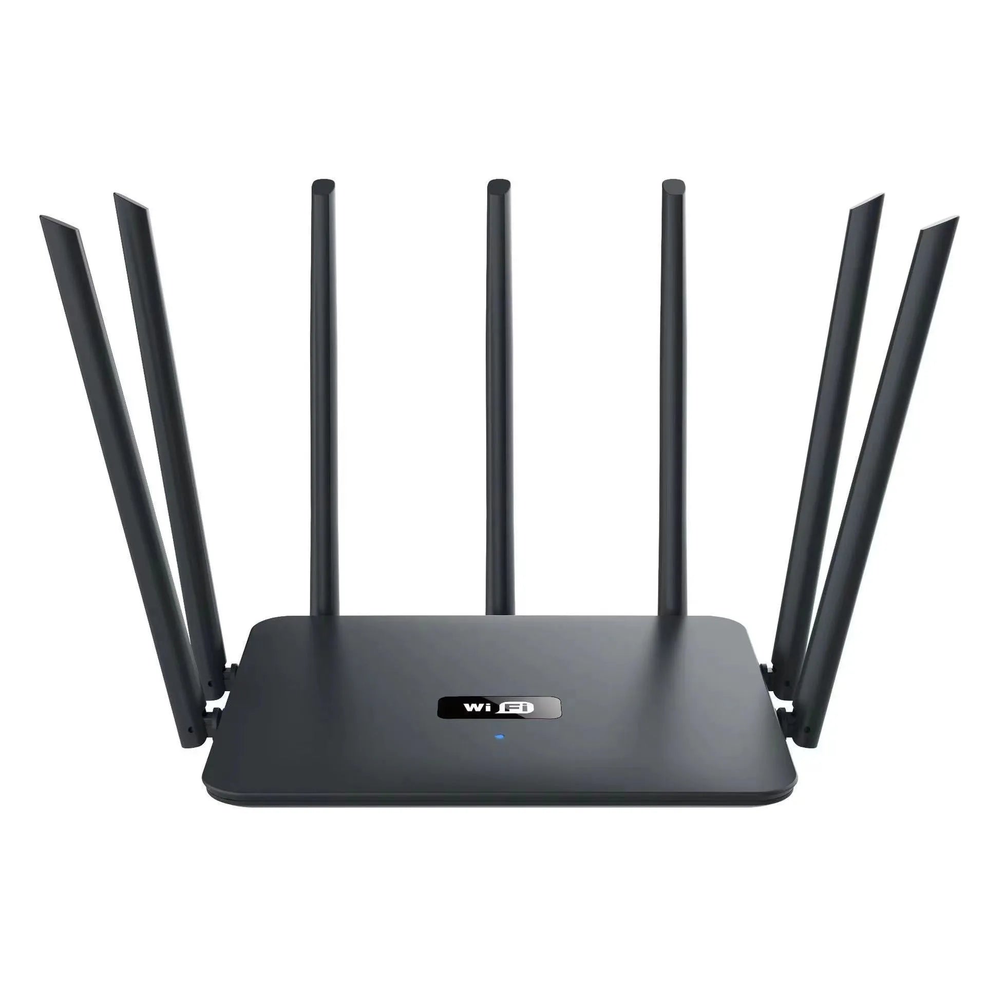 Black and white dual-band 5G Gigabit router for home WiFi with multiple antenna options.