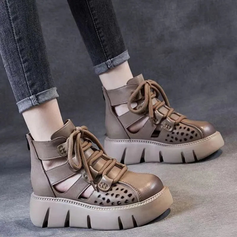 Women's platform sandals with hollow hole design in soft cowhide leather, fish mouth toe shape