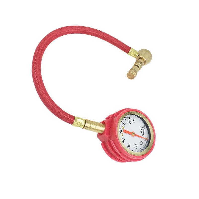 Red and black mechanical car tyre pressure gauge with dial and rapid deflation valve.