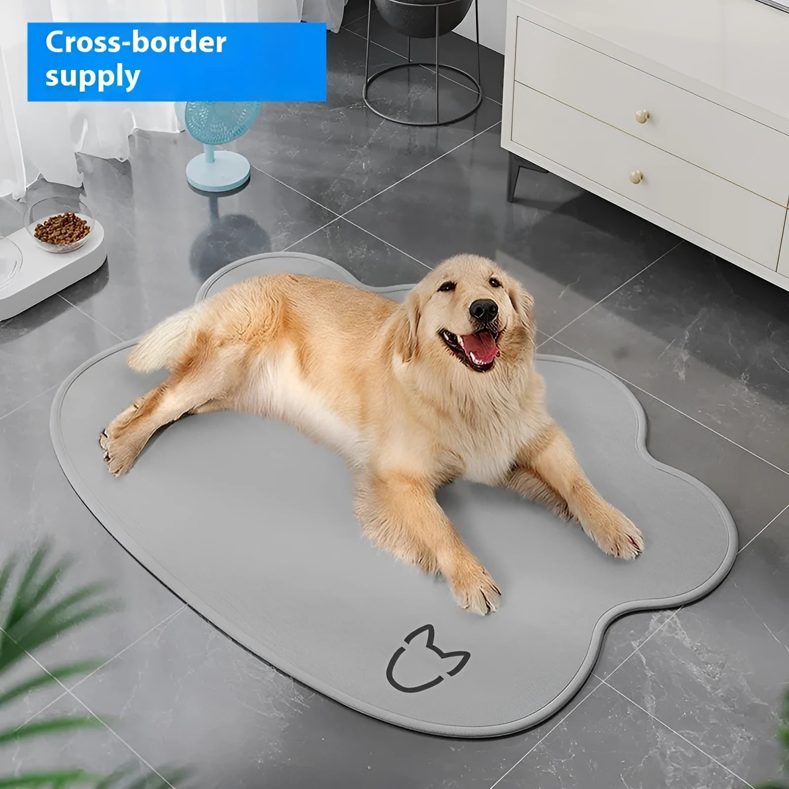 Ice Silk dog cooling mat in dark grey with profiled dog head shape, shown on a wooden floor