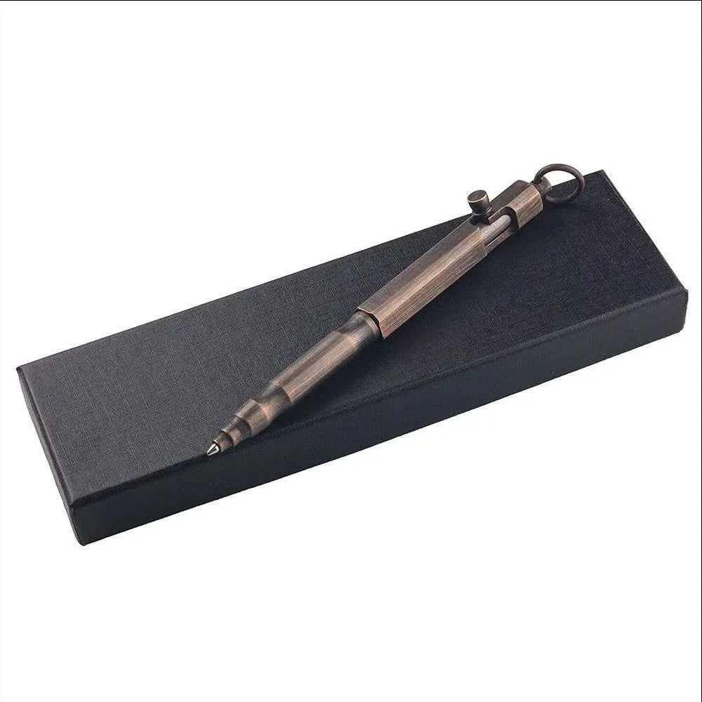 Brass machine gun tactical pen with hexagonal bolt design measuring 13cm in length