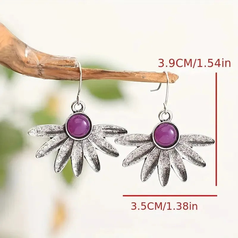 Purple Bohemian style earrings with resin flowers and animal zodiac pendant drops