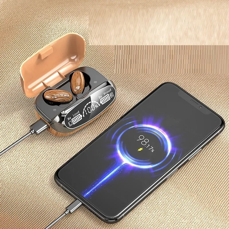 M35 wood grain Bluetooth TWS earphones with charging cabin showing power display