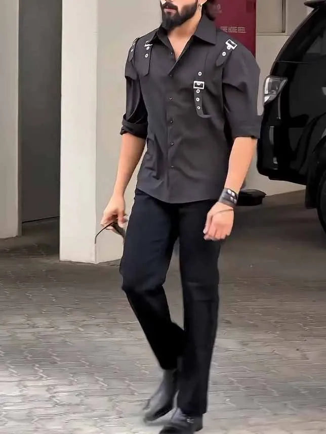 Men's black polyester button-up shirt with regular fit and utility styling