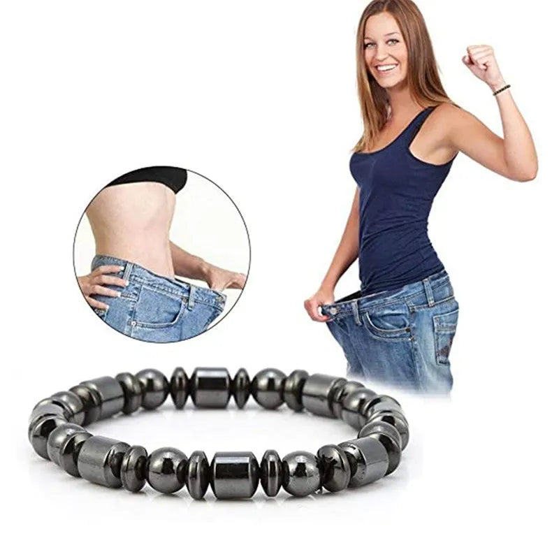 Black magnetic therapy bracelet with a pentagram stone design made from magnetite and hematite.