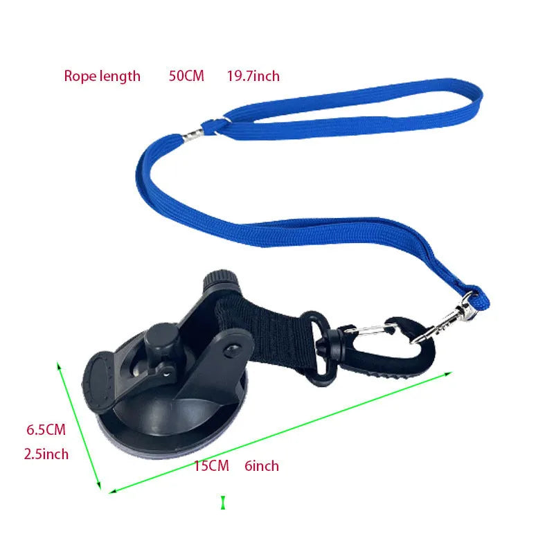 Pet bathing restraint with blue suction cups and adjustable rope securing a dog during washing