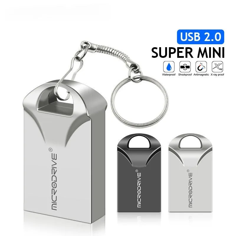 Small black and silver metal USB flash drive showing size comparison