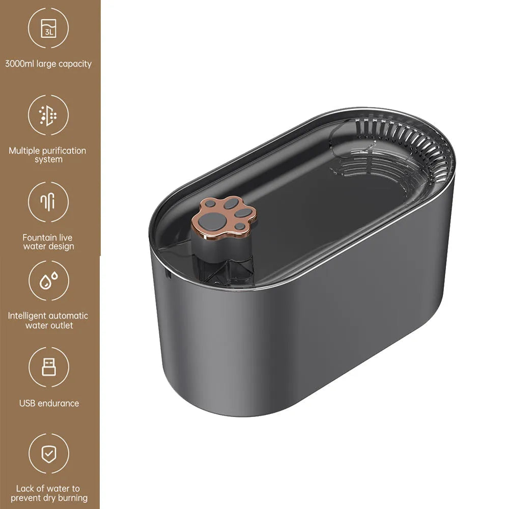 Berlin blue coloured 3-litre pet water fountain with filter and LED light indicator on a floor.