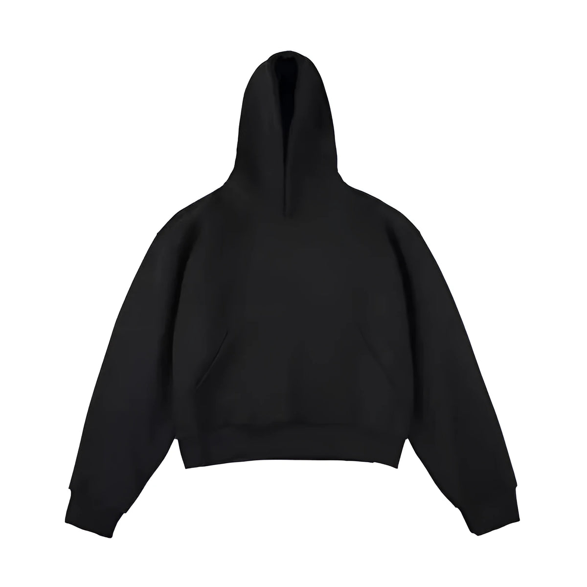 Short dark grey Chinese cotton composite hooded sweater with a removable hood on a model.