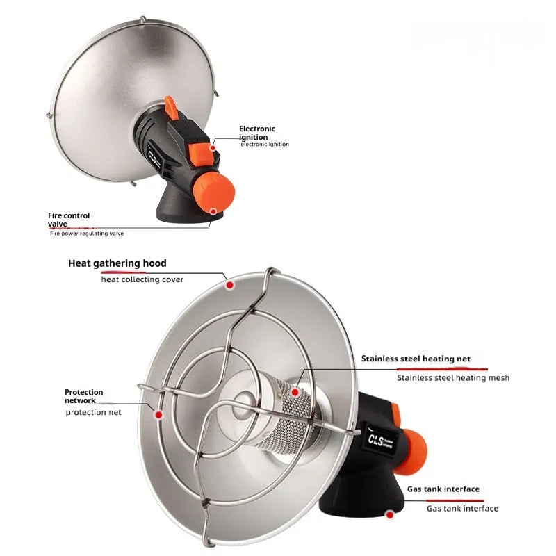 Black and orange portable camping heater with automatic ignition system