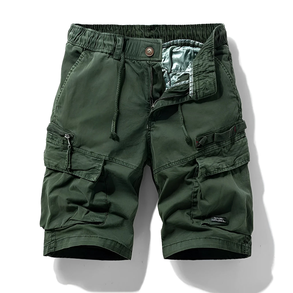 Men's cotton shorts with zipper and multiple pockets in army green colour
