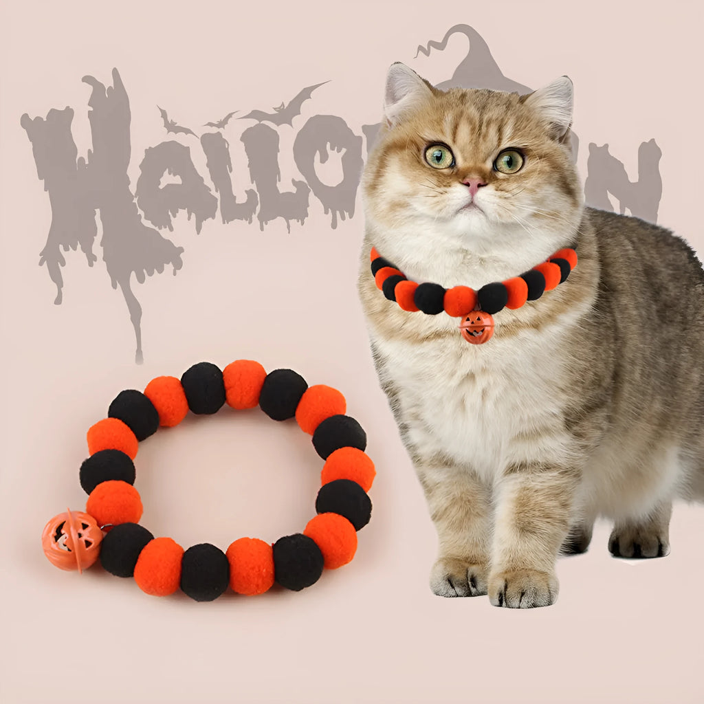 Halloween cat collar with orange pumpkin design showing trick or treat text and ghost bat decorations